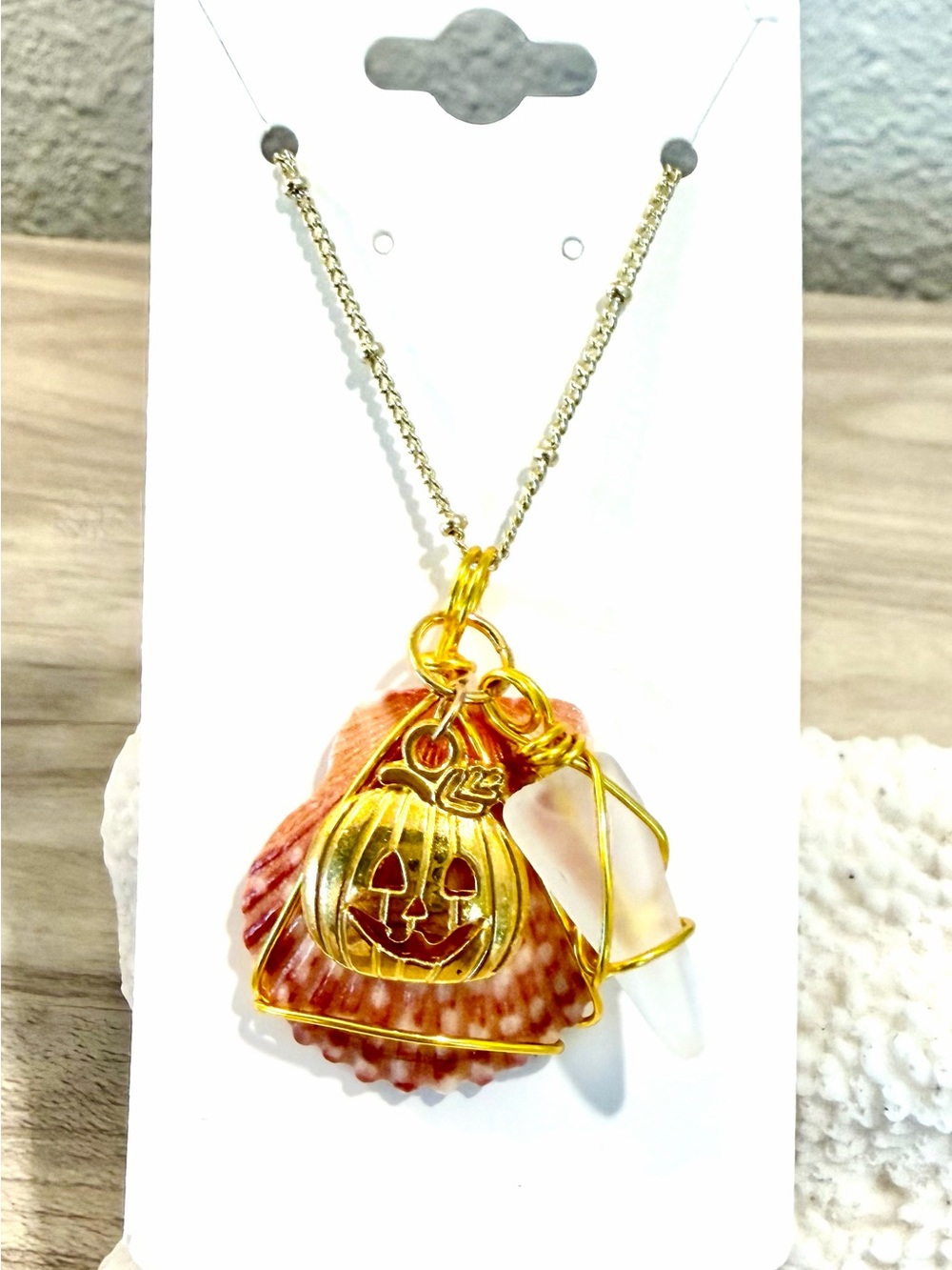 131. 🎃🎃🎃 Gold Jack-O'-Lantern Shell Pendant Necklace with sea glass